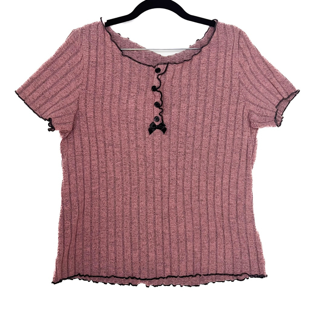 Mauve Ribbed Knit Henley Top Ruffle Trim and Bow Womens L Coquette Y2K Preppy - Picture 2 of 6